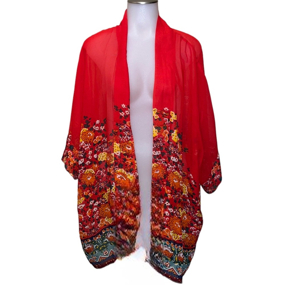 OLRAIN Vibrant Floral Sheer Chiffon Kimono~Cardigan~S